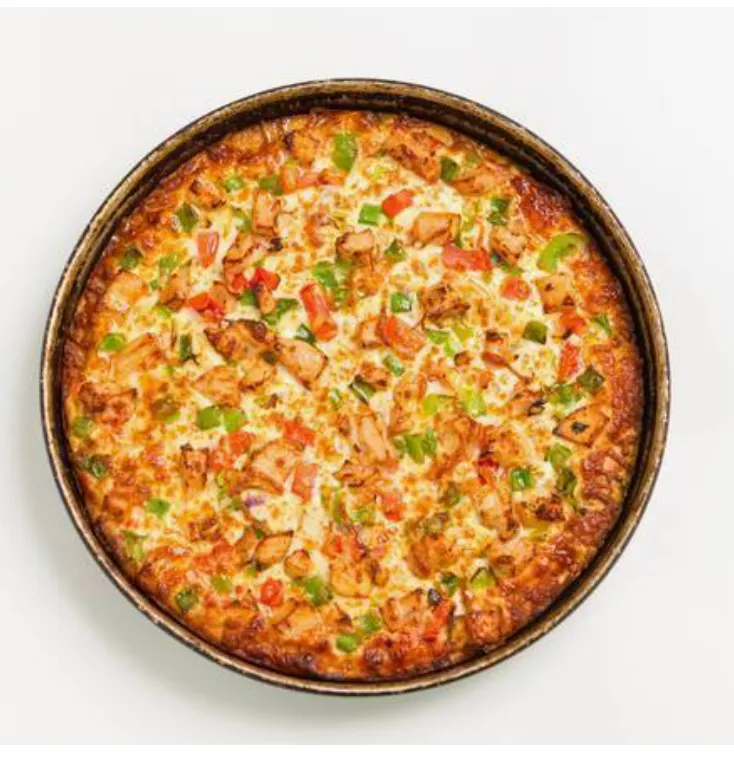 Butter Chicken Pizza - Tandoori chicken with butter chicken sauce, onions, tomatoes, and green peppers