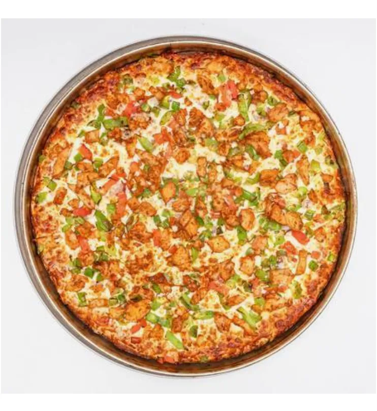Tandoori Chicken Pizza - Spiced tandoori chicken with onions, tomatoes, and green peppers